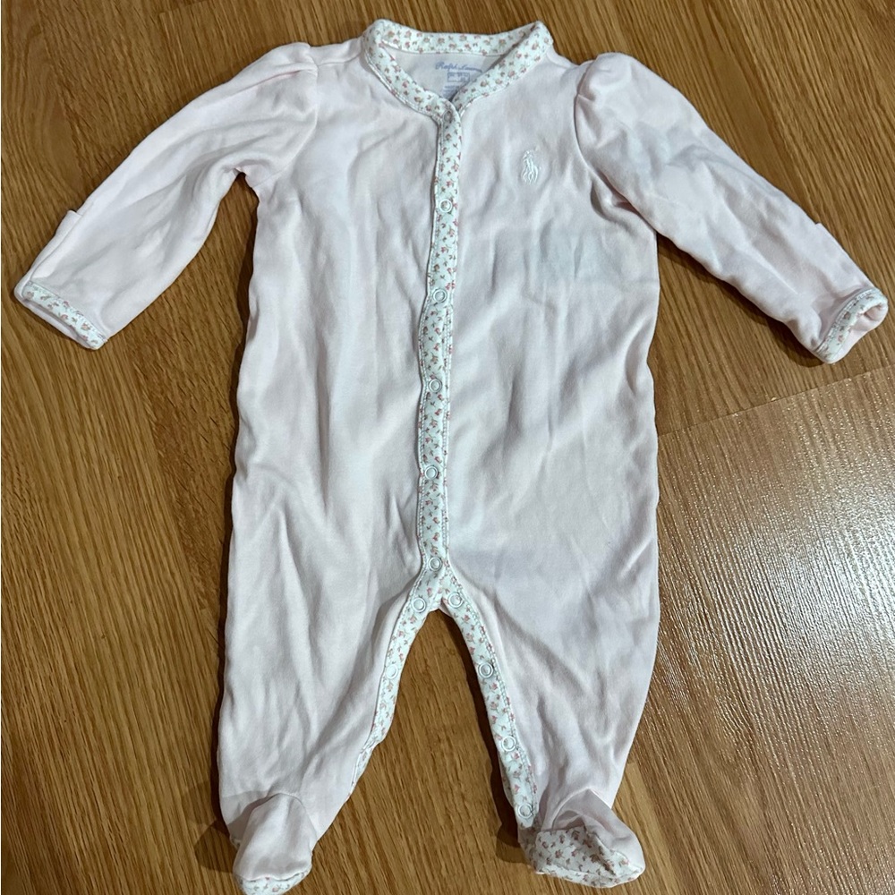 Ralph Lauren baby girl pink footed pajamas with button snaps.  3M